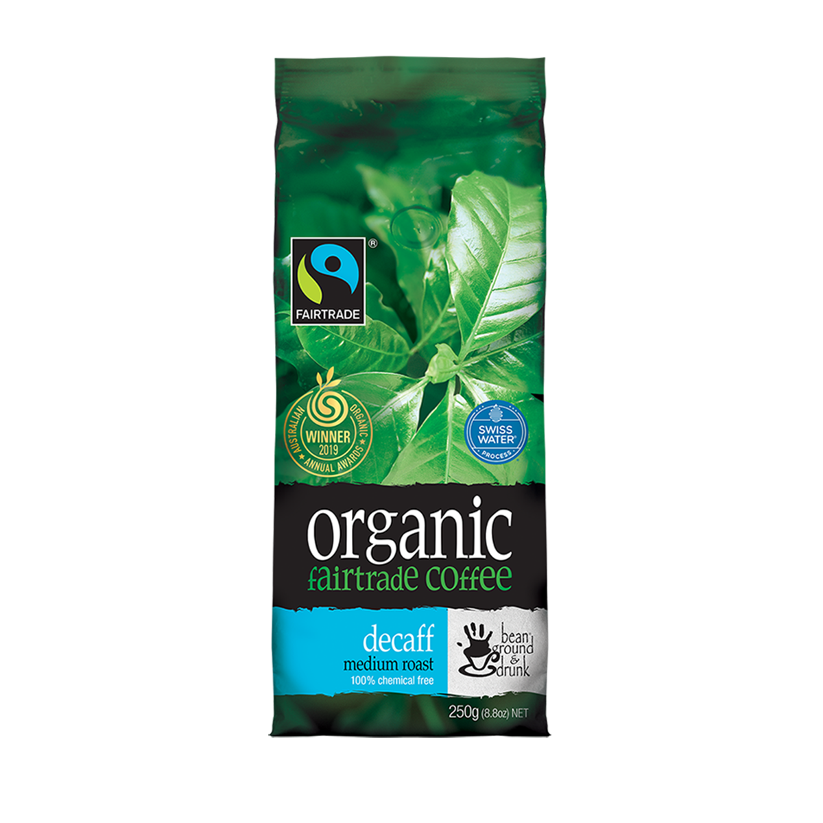 Bean Ground & Drunk - Australian Organic Fairtrade Coffee Beans (100% Arabica): Decaffeinated Medium Roast (250g)